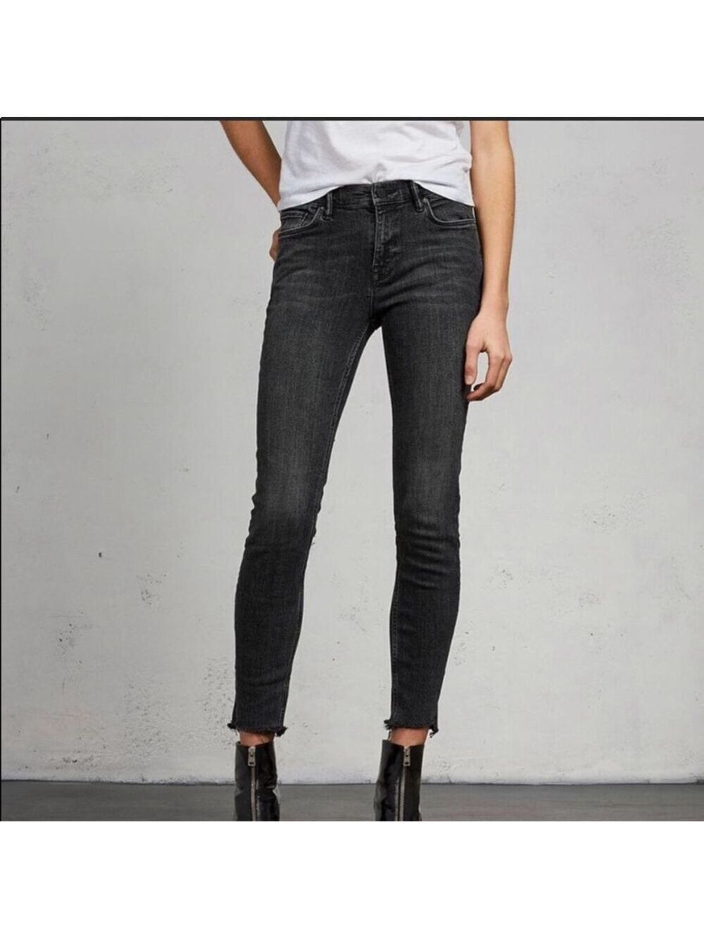 ALLSAINTS Grace skinny ankle jeans 5 pockets raw edge hem black size 24